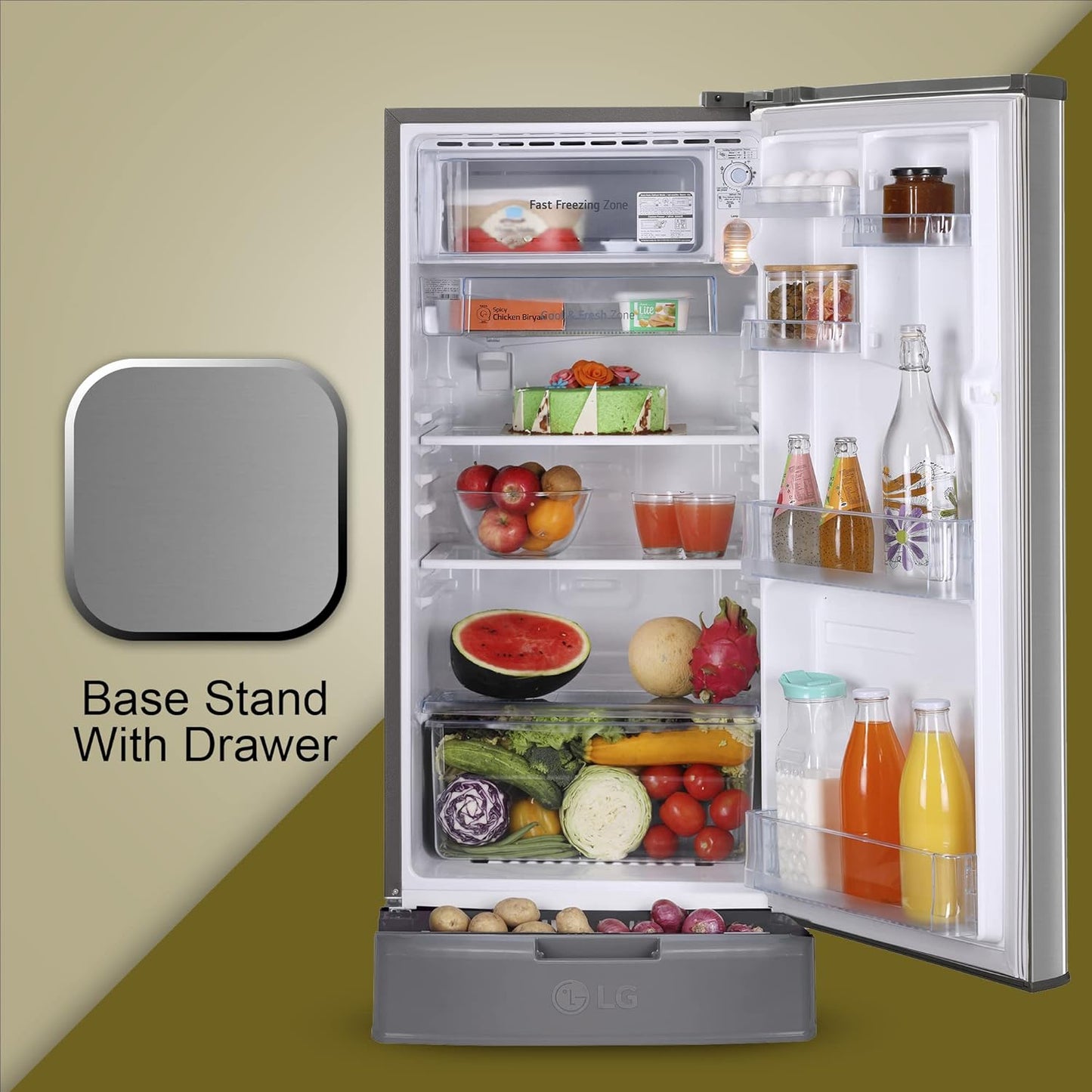 LG GL-D199OPZD 185 L Direct Cool Single Door 3 Star Refrigerator with Base Drawer with Fast Ice Making  (Shiny Steel)