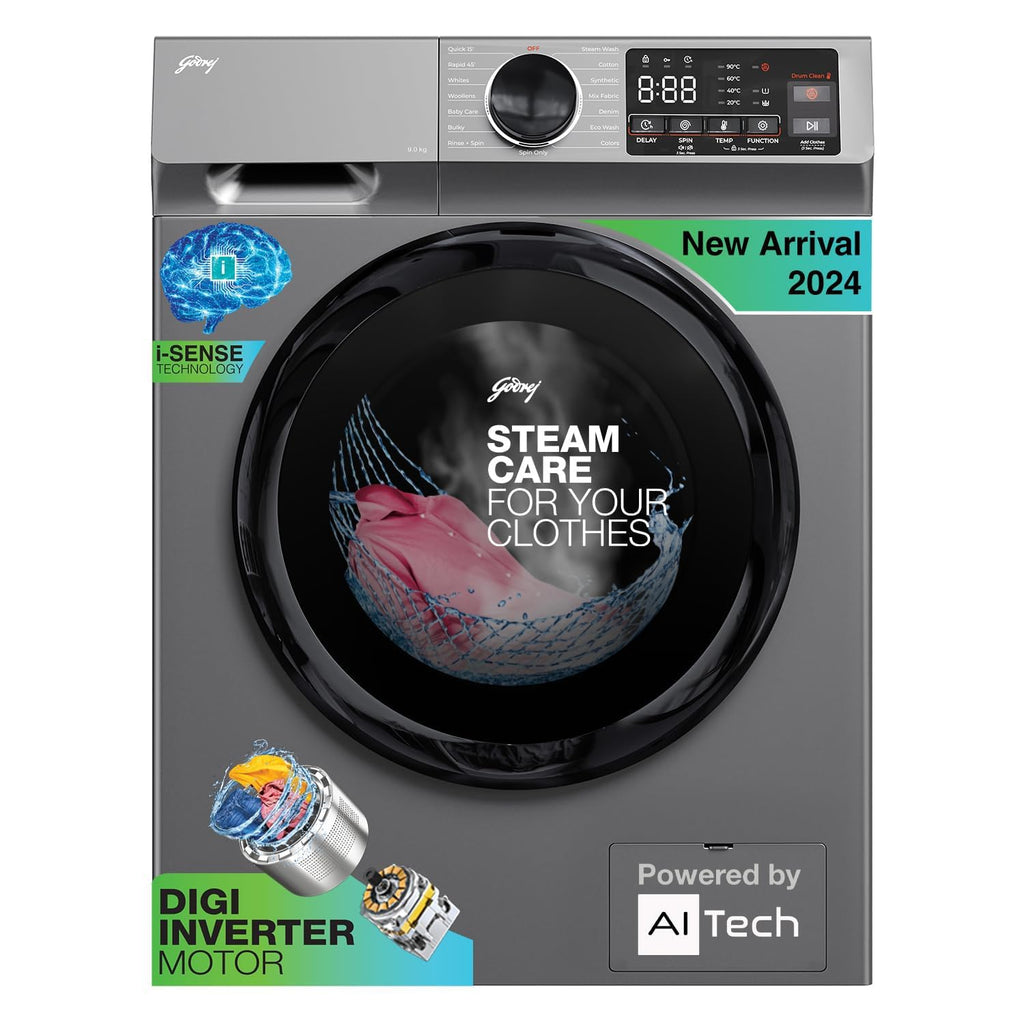 Godrej WFEON CEL 8014 IEBT SLSR 8 Kg 5 Star Fully Automatic Front Load Washing Machine | AI Tech | Steam Wash | Inverter Motor | 1400 RPM | Inbuilt Heater (Silver Stream)