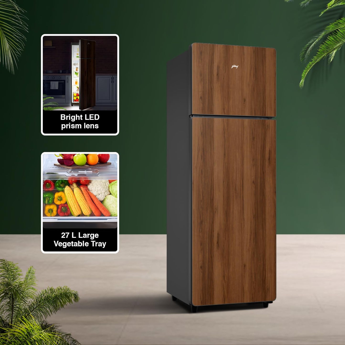 Godrej  RT EONVOGUE 310B RI WT WD 272 L 2 Star Wood Finish, 30 Days Farm Freshness, Frost Free Inverter Double Door Refrigerator ( Walnut Wood)