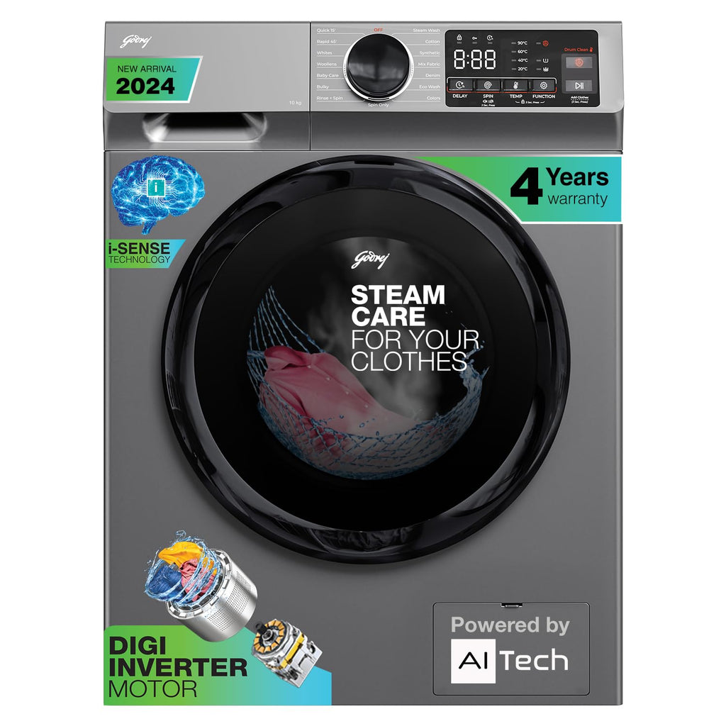 Godrej WFEON CEL 1014 IEBT SLSR 10 Kg 5 Star, With AI Tech, Digi Inverter Fully-Automatic Front Load Washing Machine (  Silver Stream, With Steam Wash)