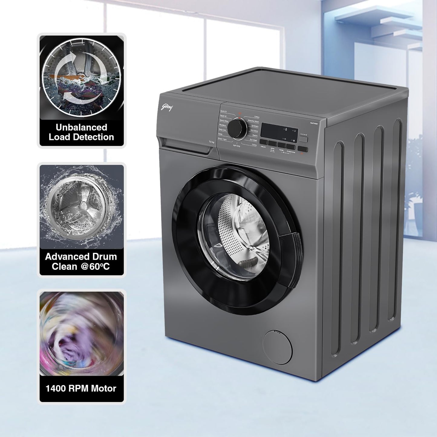 Godrej WFEON ARG 7012 5.0 FEBT SLSR 7 Kg Eco-Wash Front Load Washing Machine | 90 °C Hot Wash | Silver Stream | Suraj Electronics Delhi NCR