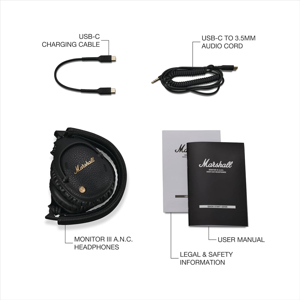 Marshall Monitor III Active Noise Cancelling Over-Ear Bluetooth Headphones | 70H Playtime, Spatial Audio, Foldable Design, Dynamic Loudness, USB-C Charging | Black | With Hard Case