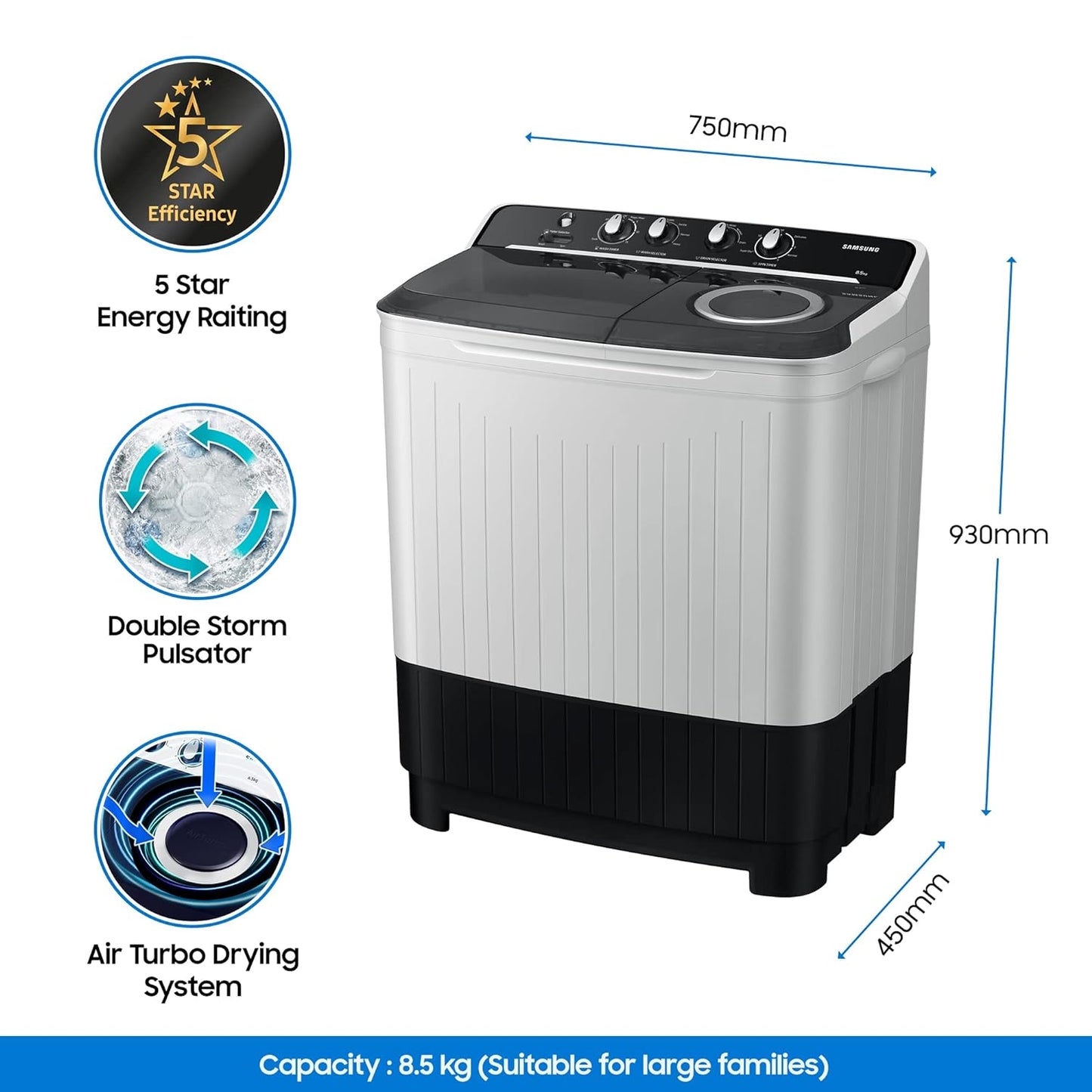 Samsung WT90C4260GG 9.0 Kg, 5 Star, Semi-Automatic Top Load Washing Machine ( Air Turbo Drying, Light Gray)
