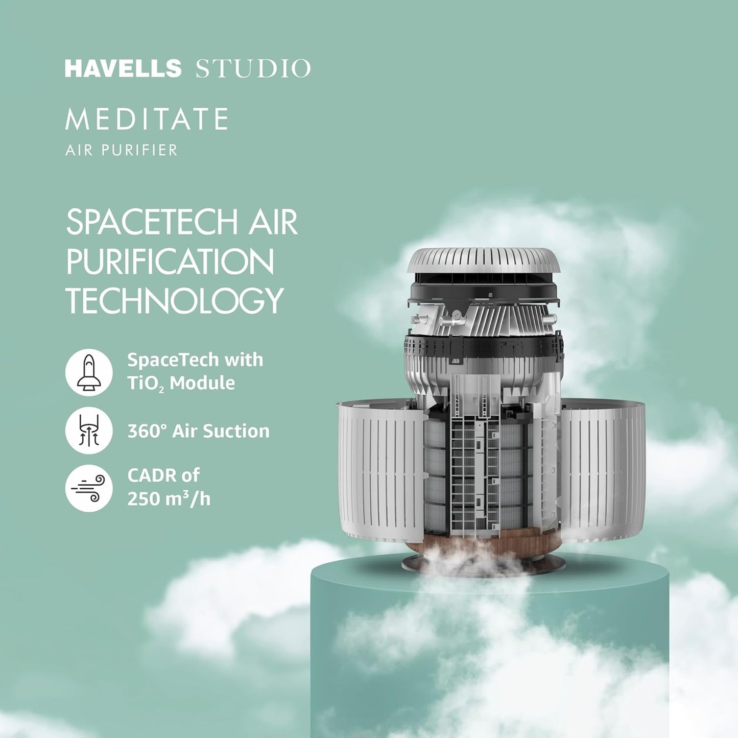 Havells Studio Meditate AP 250 Air purifier  | Remote Control with TiO2 module & Integrated H14 HEPA filter (Silver Satin)