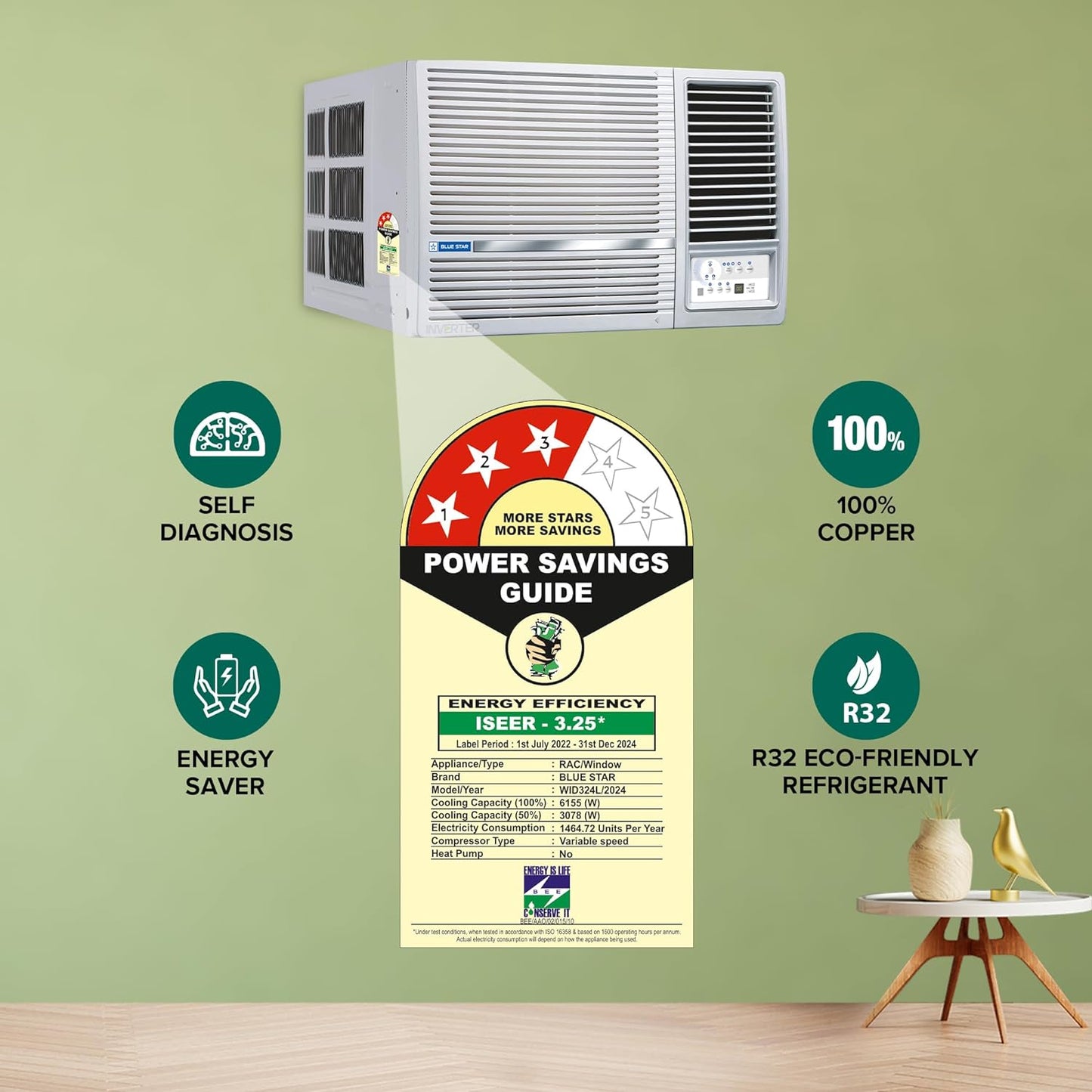 Blue Star WID324L 2 Ton 3 Star Inverter Window AC | 5-in-1 Convertible Cooling, Turbo Cool, Copper Condenser, Blue Fin Protection