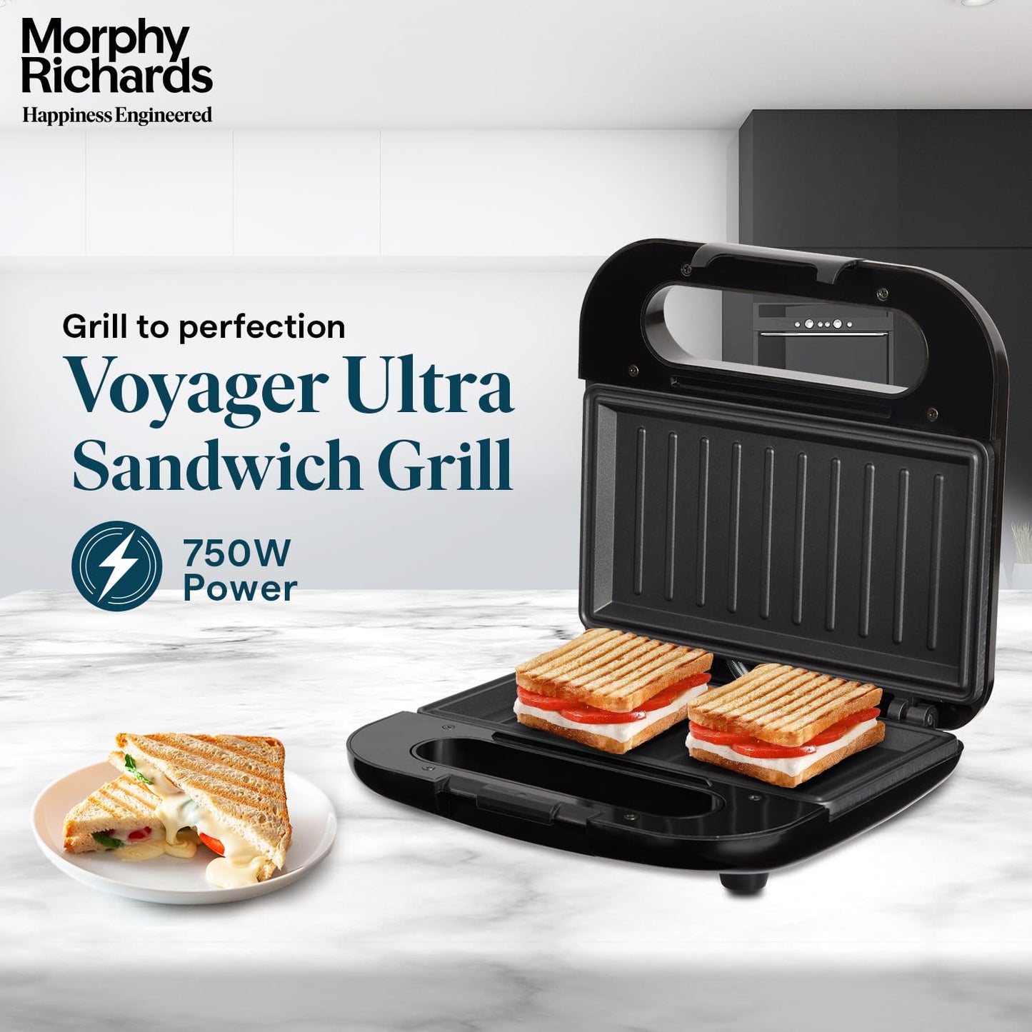 Morphy Richards Voyager Ultra 750W Sandwich Maker | Non-Stick Grill Plates, Cool Touch Handle, Compact Design | 2-Year Warranty