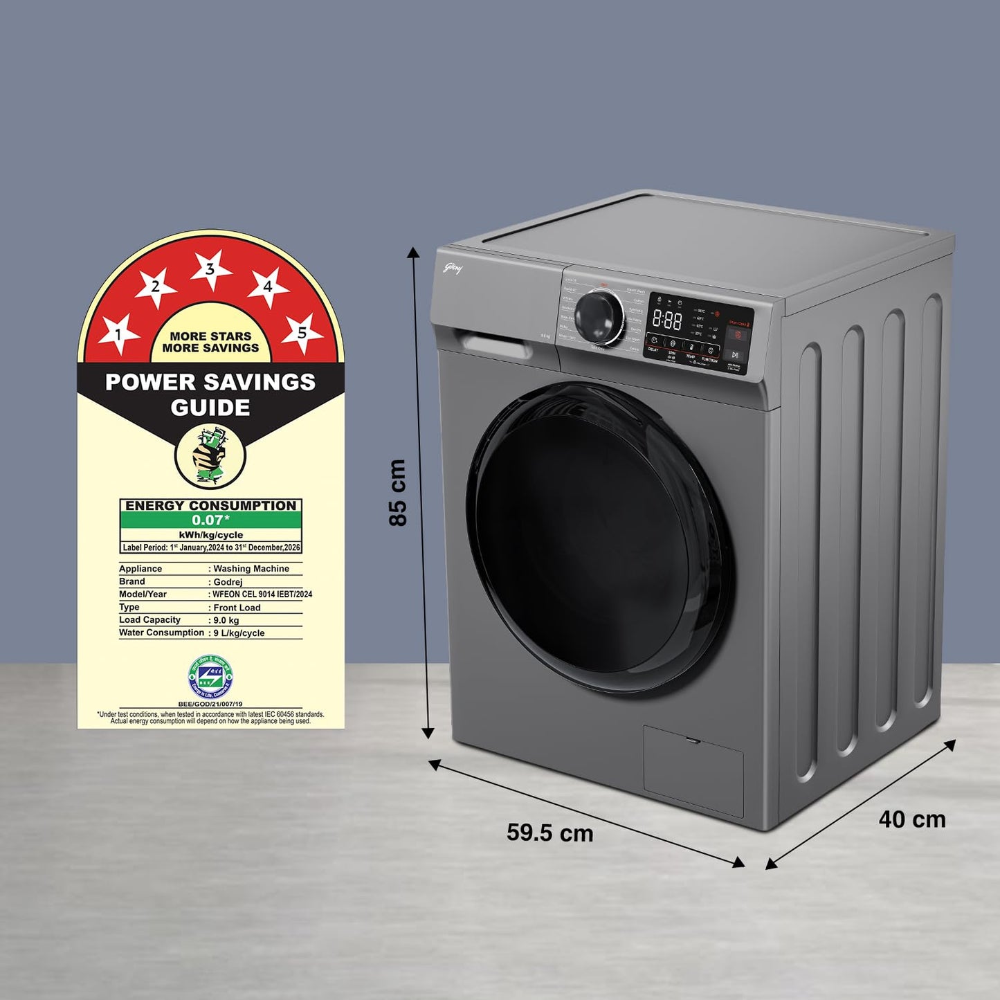 Godrej WFEON CEL 9014 IEBT SLSR 9 Kg 5 Star AI Tech Front Load Washing Machine | Steam Wash | 1400 RPM | Inverter Motor | Buy @ Suraj Electronics Delhi NCR