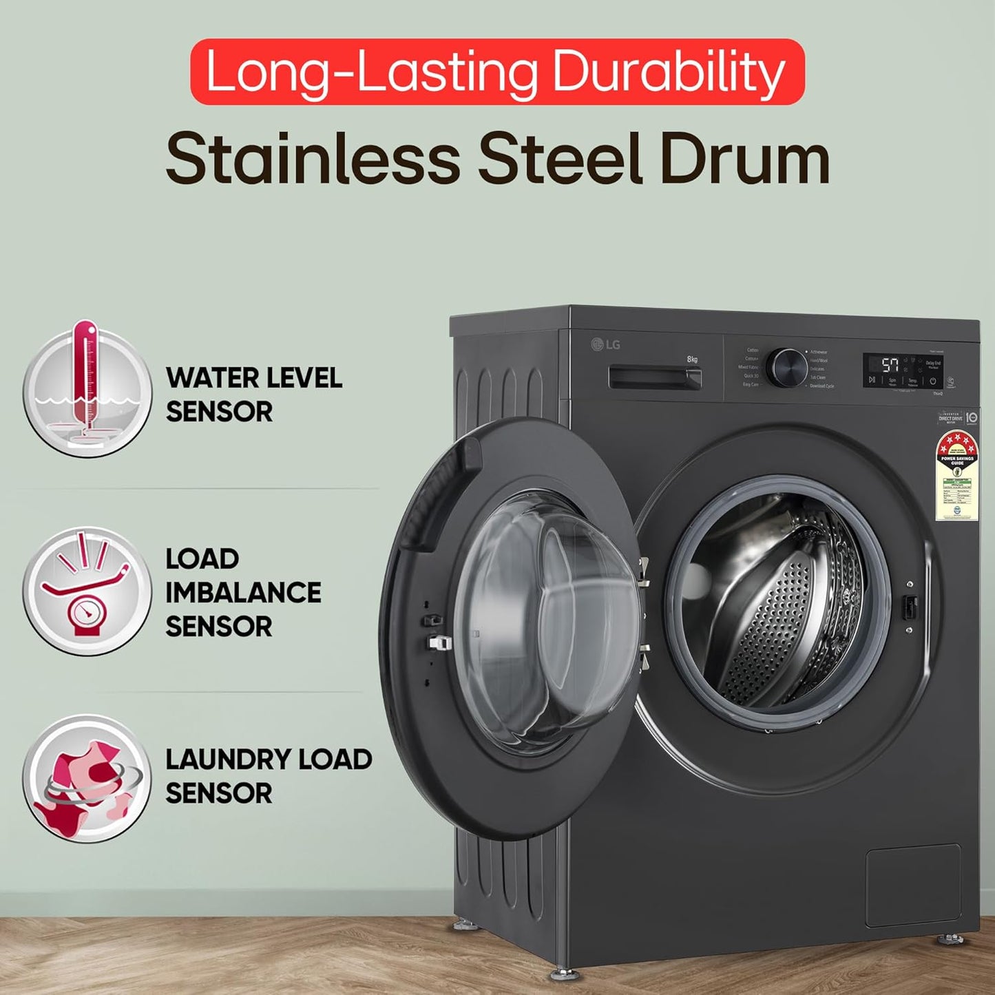 LG FHB1208Z2M 8KG Front Load Washing Machine, Inverter Direct Drive, Middle Black