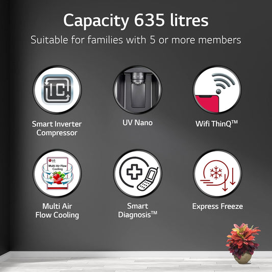 LG GL-L257CPZ3 635 L Side-by-Side Refrigerator (Shiny Steel) | Inverter Compressor, DoorCooling+, AI ThinQ Wi-Fi, Water & Ice Dispenser, Hygiene Fresh+