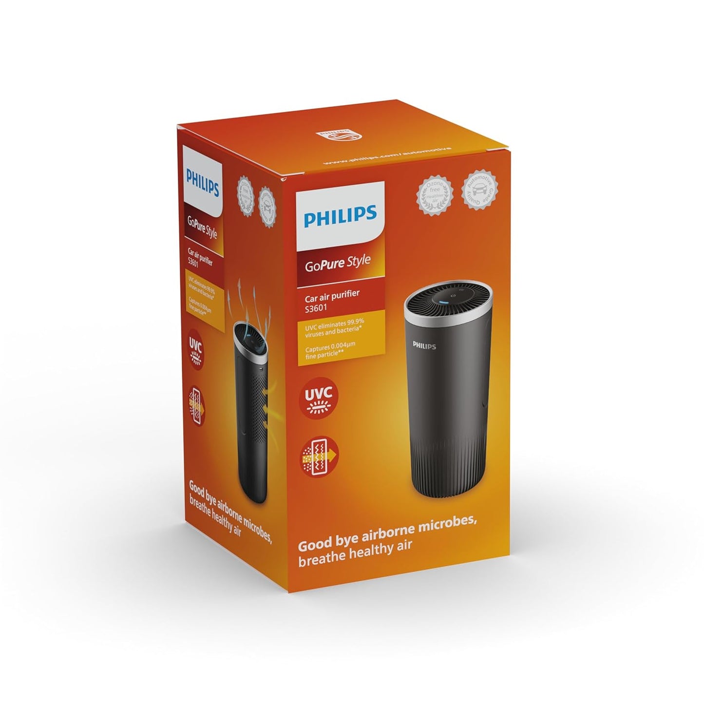 Philips GoPure Style S3601 Car Air Purifier with HEPA filteration captures particles as small as 0.004um (Equivelant to H14 Grade), UVC light eliminating >99.9% of bacteria and viruses, Ozone free certified product.