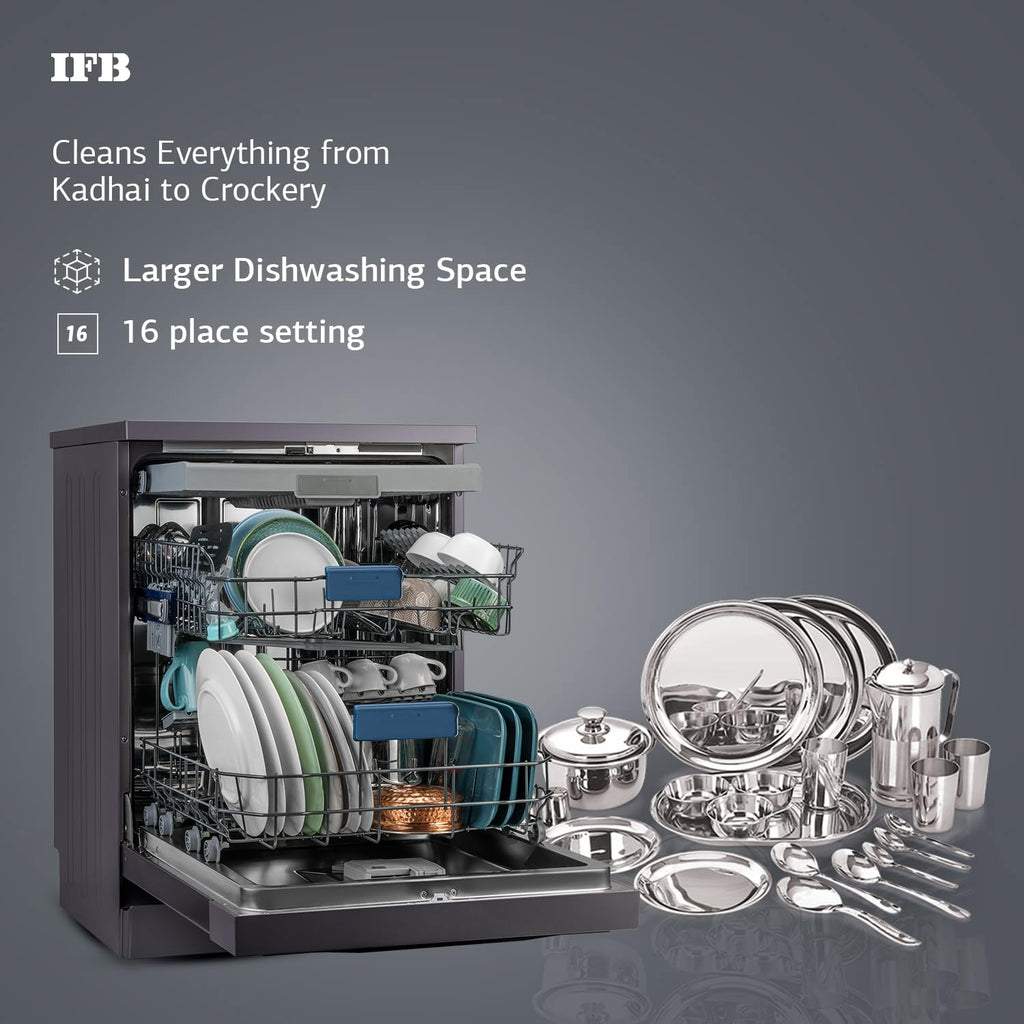 IFB Neptune VX16 16 Place Setting Dishwasher (Inox Grey) | Auto Door Open, ION Tech, 360° Spray Arms, Steam Drying