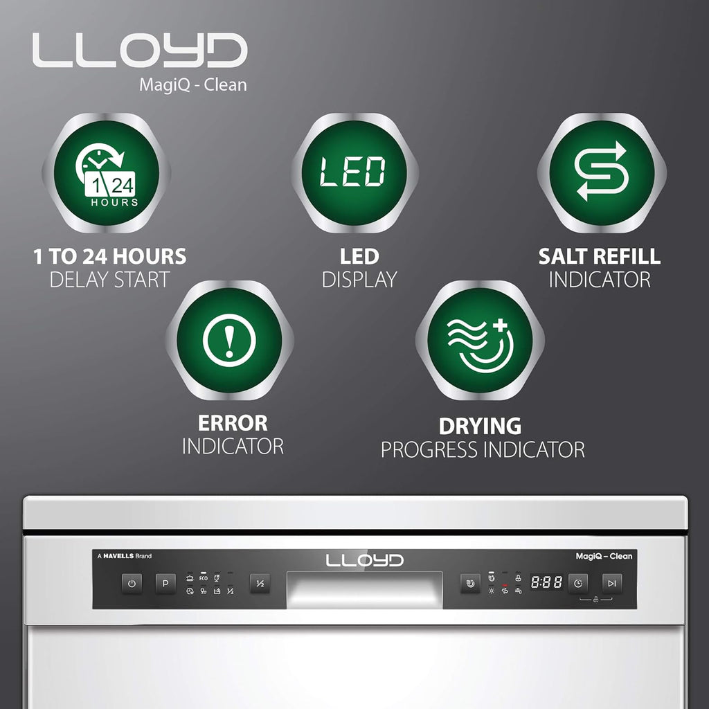 Lloyd 13 Place Settings Dishwasher (LDWF13PSE1DD) – 70°C Hot Wash, 360° Water Spray, Extra Dry, Half Load, Freestanding | Stainless Steel, Silver