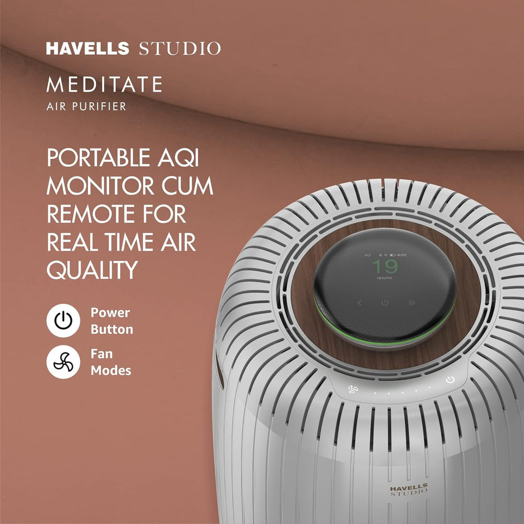 Havells Studio Meditate AP 400 Air purifier with SpaceTech Air Purification Technology with TiO2 module & Integrated H14 HEPA filter (Silver Satin)