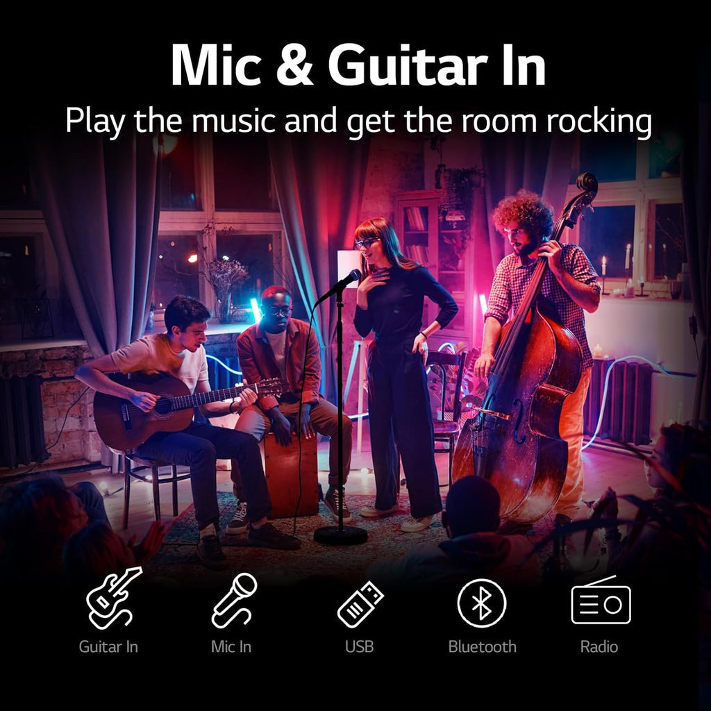LG XBOOM RNC7 Party Speaker, Multi Color Lighting, Karaoke Feature, 1 Mic + 1 Guitar Input, Wireless Party Link, USB, Bluetooth Connection, XBOOM App