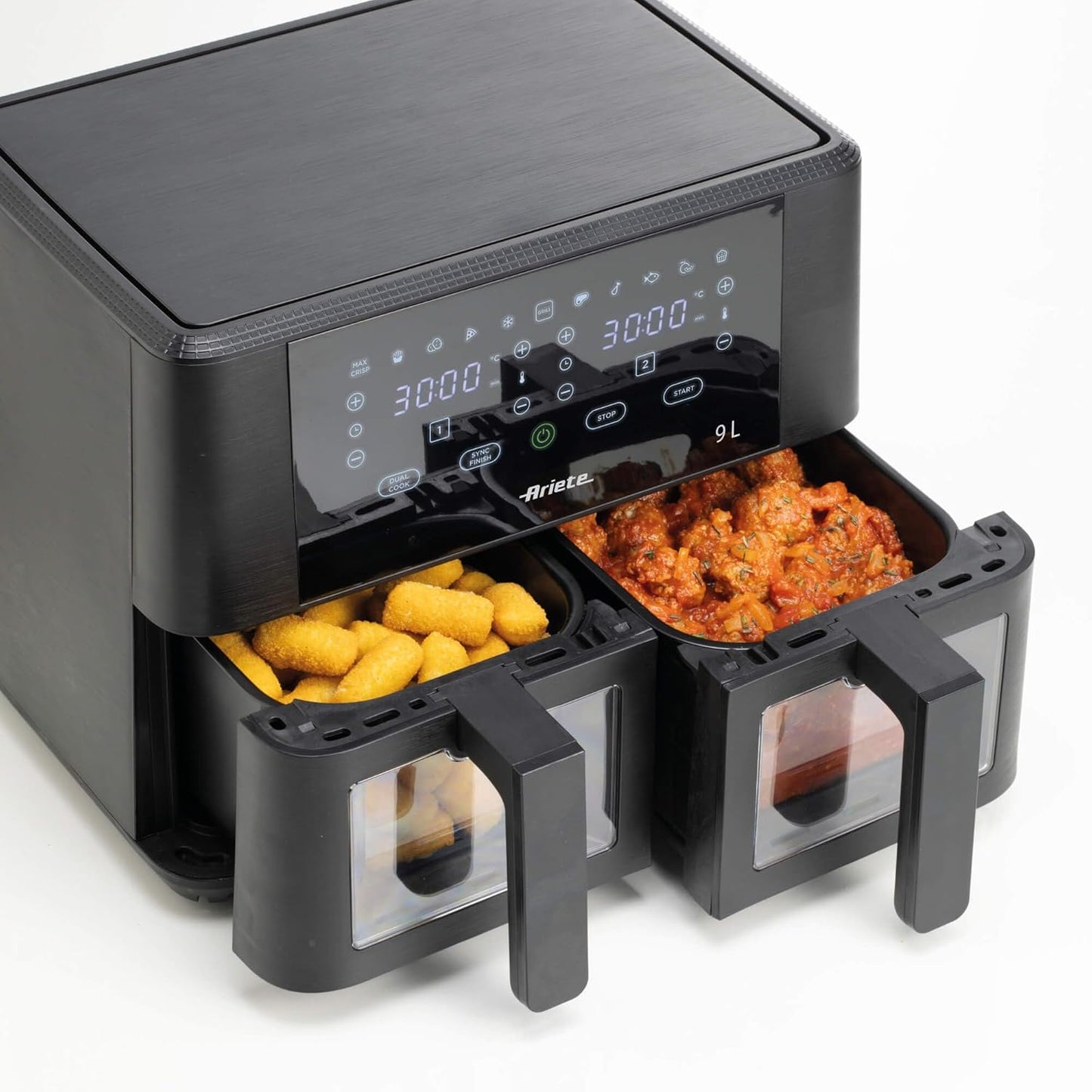 Ariete 4631 Double Air Fryer 9L (2400W) with Dual Basket, 11 Cooking Programs, BPA-Free, Oil-Free Healthy Frying, Touchscreen Panel – Black | Suraj Electronics