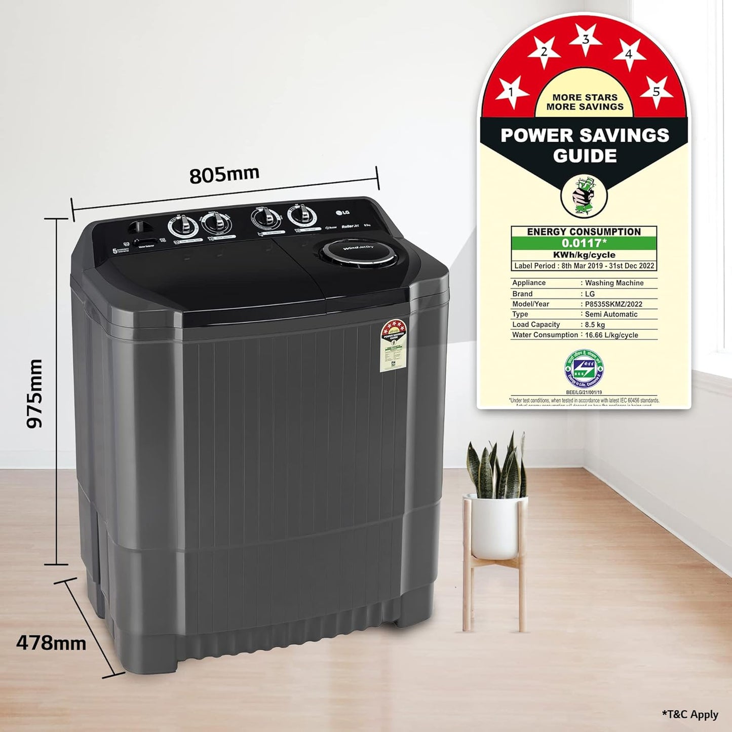 LG P8535SKMZ 8.5 Kg 5 Star Wind Jet Dry Rat Away Technology Semi-Automatic Top Loading Washing Machine ( Roller Jet Pulsator, Collar Scrubber, Middle Black)