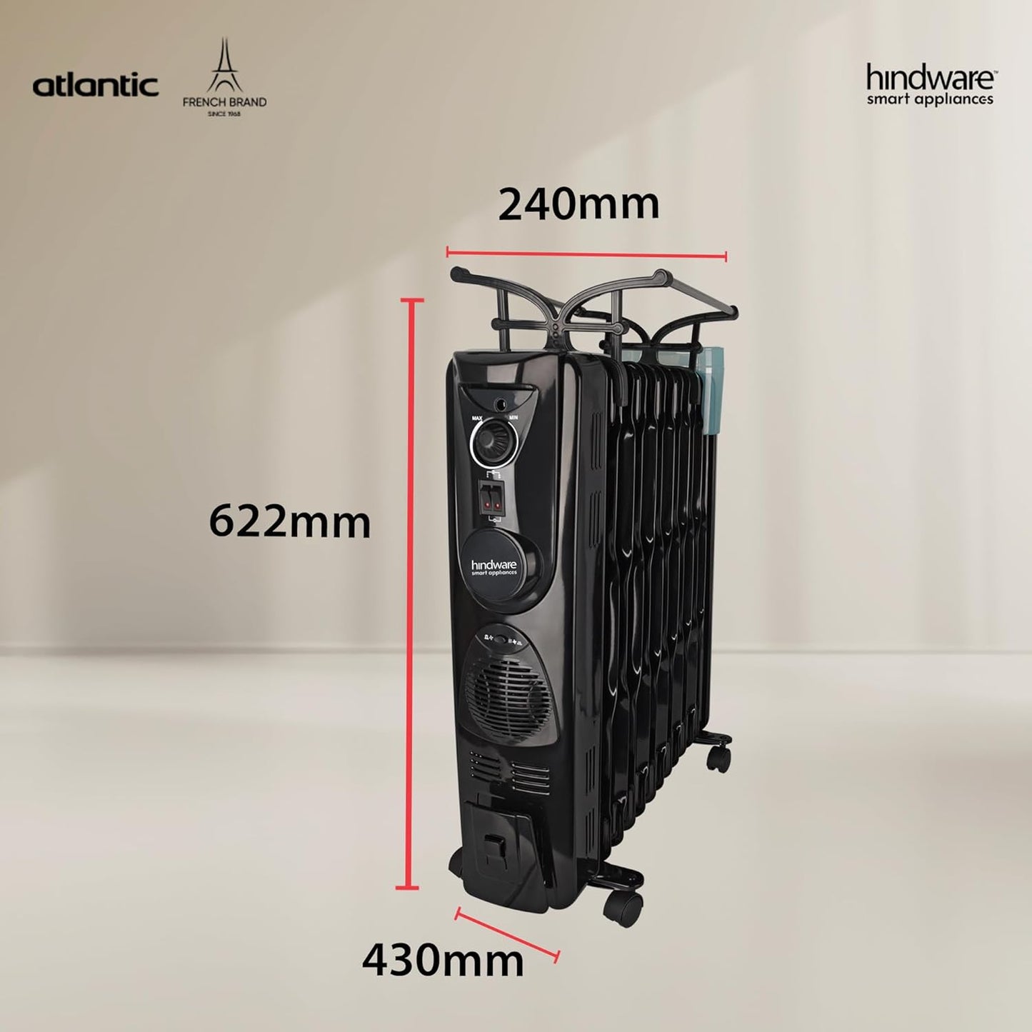 Hindware Atlantic Velda 13-Fin 2900W Room Heater with PTC Fan, Cloth Hanger &amp; Humidifier | Powerful Heating | Suraj Electronics Delhi NCR