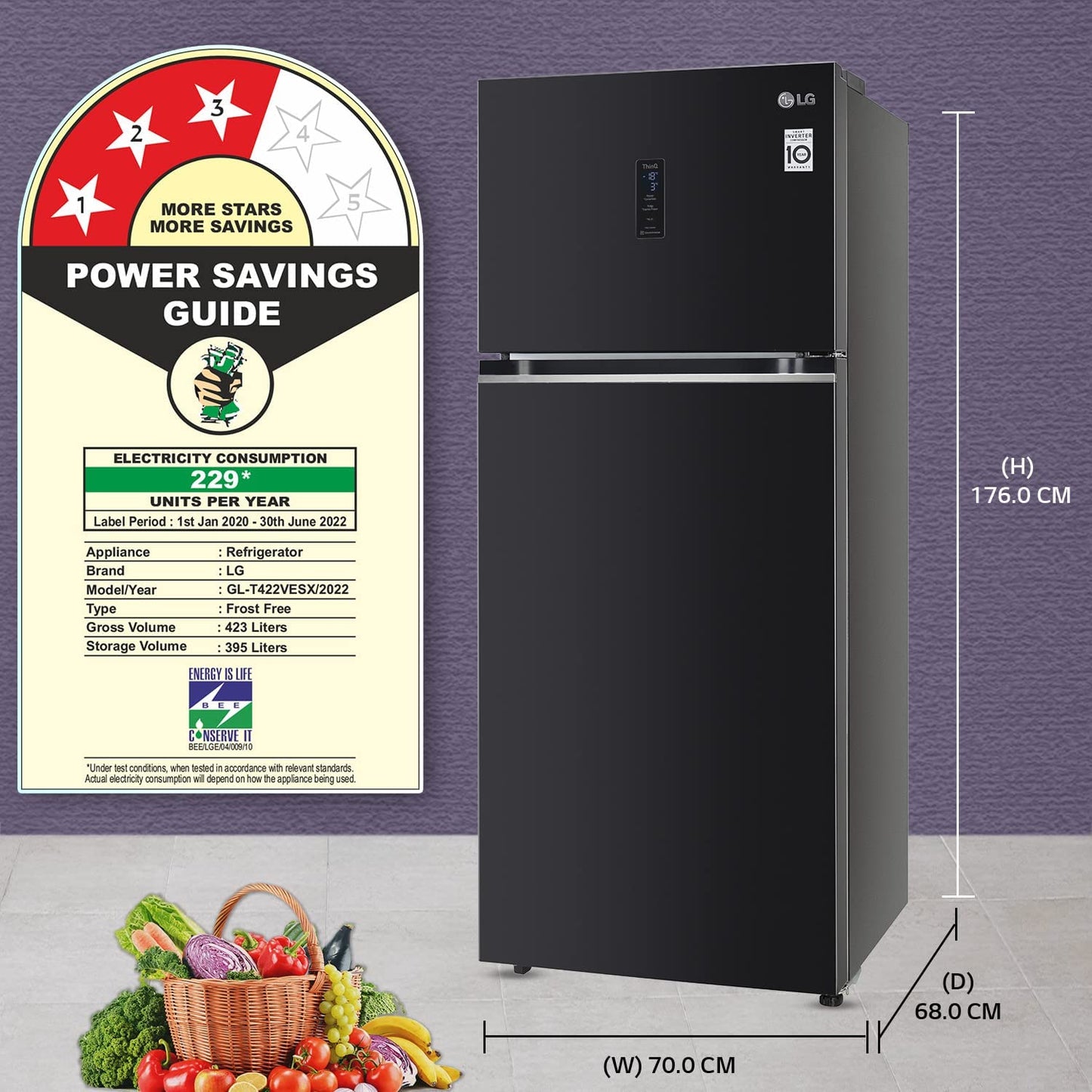 LG  GL-T422VESX 398 L 3 Star Frost-Free Smart Inverter Wi-Fi Double Door Refrigerator