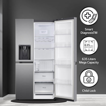 LG GL-L257CPZ3 635 L Side-by-Side Refrigerator (Shiny Steel) | Inverter Compressor, DoorCooling+, AI ThinQ Wi-Fi, Water & Ice Dispenser, Hygiene Fresh+