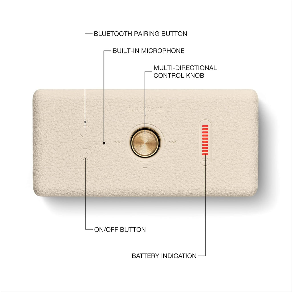Marshall Emberton III Portable Bluetooth Speaker (Cream) – 32+ Hours Playtime, IP67 Waterproof, True Stereophonic Sound, Built-in Mic