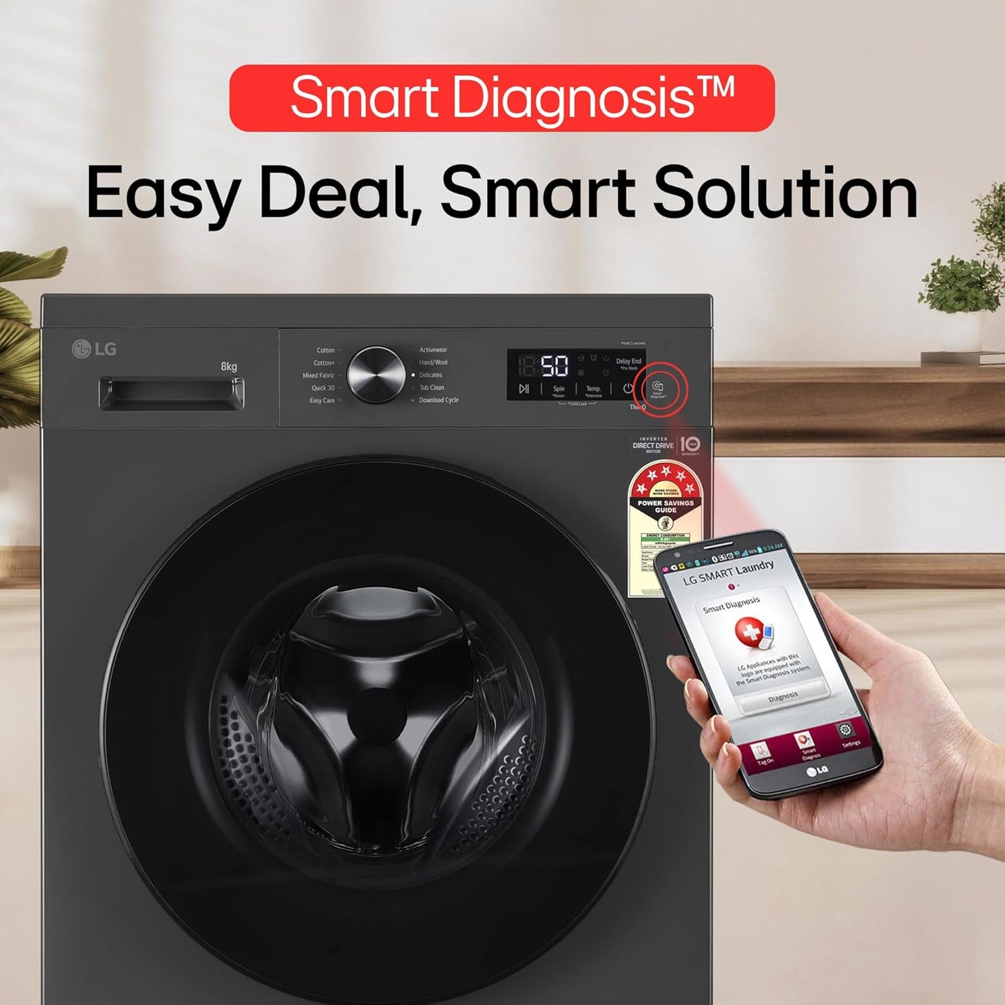 LG FHB1208Z2M 8KG Front Load Washing Machine, Inverter Direct Drive, Middle Black