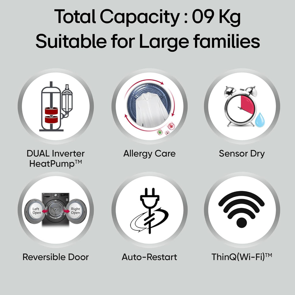 LG DHV09SAM 9 Kg, Wi-Fi, Dual Inverter Heat Pump, Eco-Hybrid Technology Fully Automatic Front Load Dryer ( Double Layer Air Filter, Allergy Care, Auto Cleaning Condenser, Middle Black)