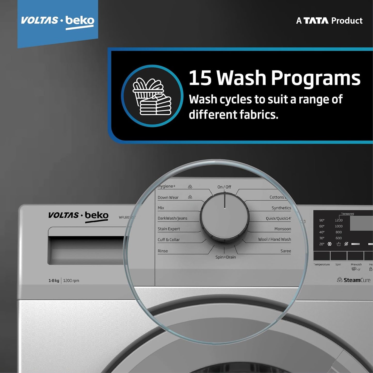 Voltas WFL8012B7JVBKA/GXV 8 Kg 5 Star Inverter Quick wash Fully-Automatic Front Loading Washing Machine (Grey, In buit Heater/Hygiene steam)