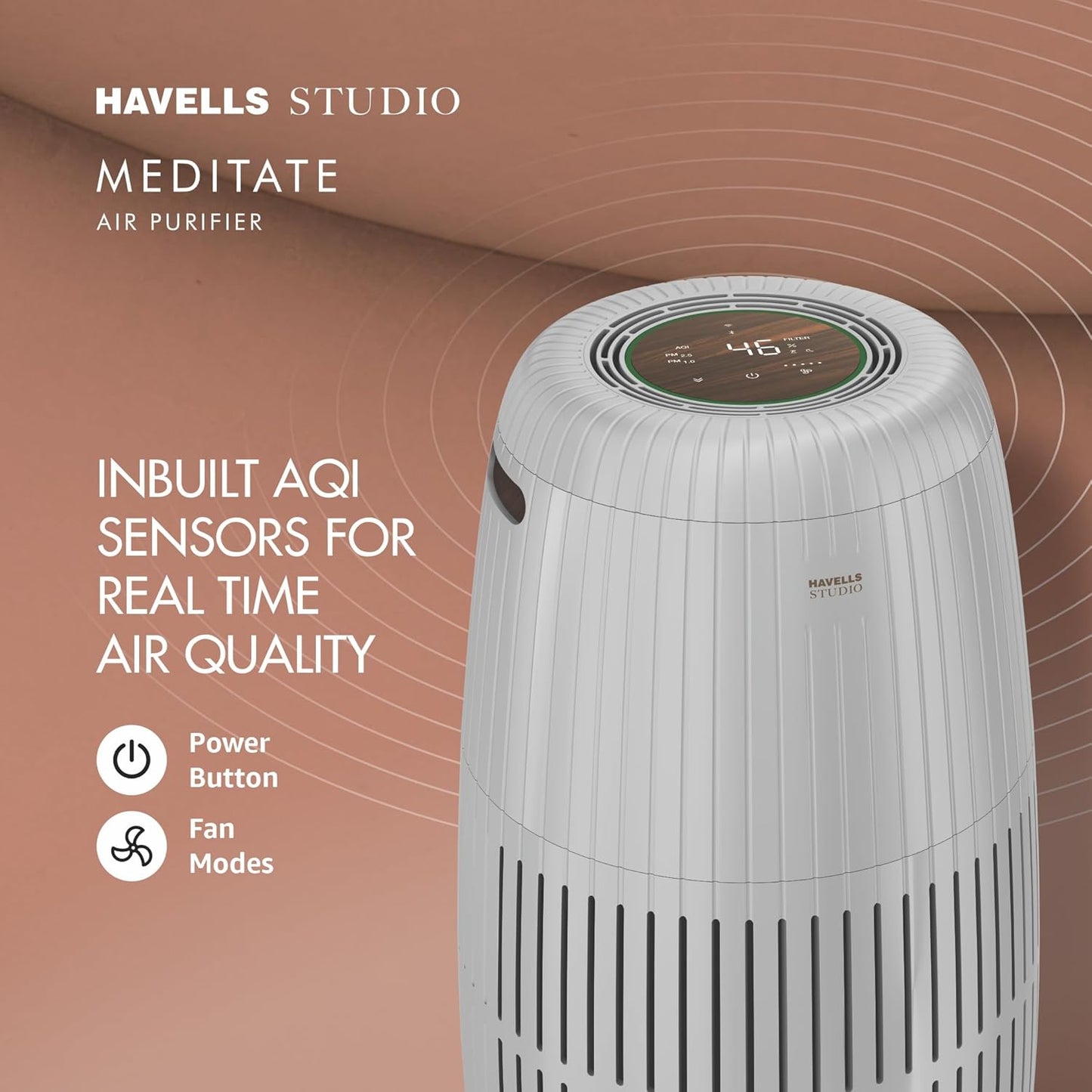 Havells Studio Meditate AP 250 Air purifier  | Remote Control with TiO2 module & Integrated H14 HEPA filter (Silver Satin)
