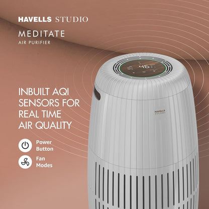 Havells Studio Meditate AP 250 Air purifier  | Remote Control with TiO2 module & Integrated H14 HEPA filter (Silver Satin)
