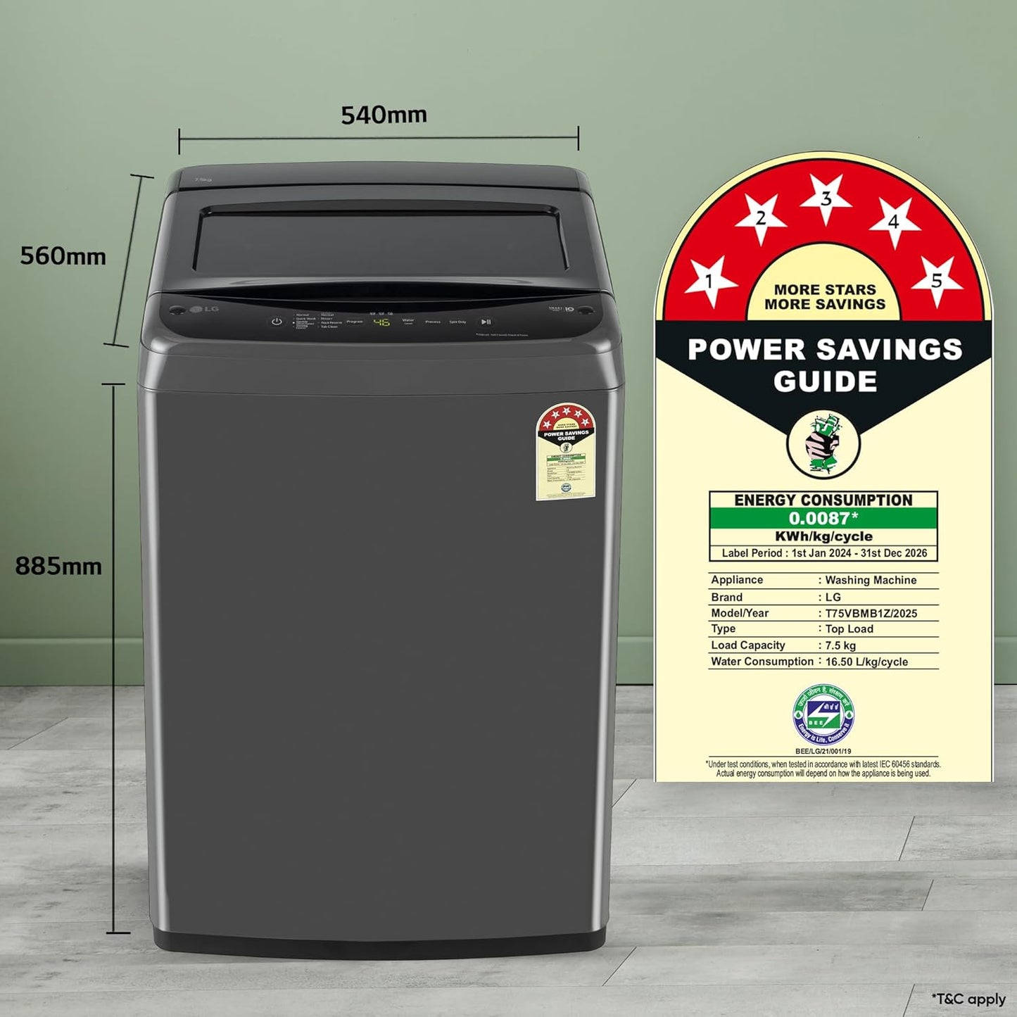LG T75VBMB1S 7.5 Kg 5 Star Smart Inverter Fully Automatic Top Load Washing Machine with TurboDrum, Auto Prewash & LED Display – Middle Black