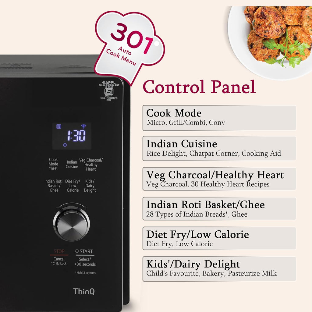 LG MJEN286VIW 28 L Charcoal Convection Microwave Oven | Wi-Fi Enabled | Scan to Cook | 360° Motorised Rotisserie | Heart-Friendly Recipes | Stainless Steel Cavity | Black