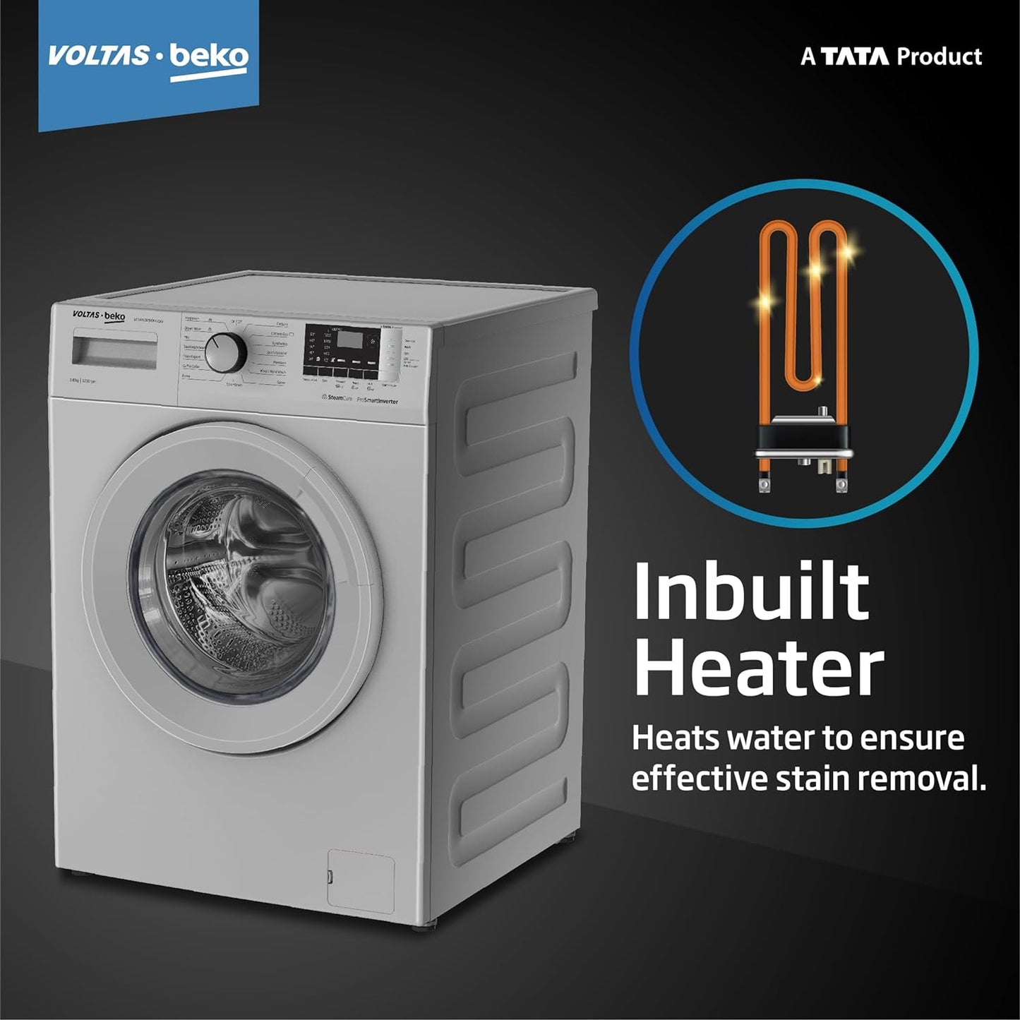 Voltas WFL8012B7JVBKA/GXV 8 Kg 5 Star Inverter Quick wash Fully-Automatic Front Loading Washing Machine (Grey, In buit Heater/Hygiene steam)