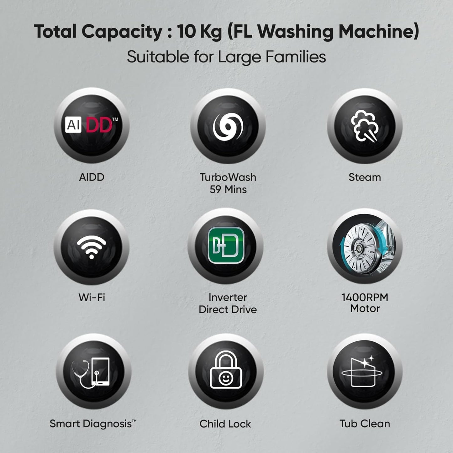 LG FHP1410Z7P 10 Kg 5 Star Ai Direct Drive Wi-Fi Inverter Fully Front Load Automatic Front-Loading Washing Machine  Turbowash & Steam For Hygiene Wash, Platinum)