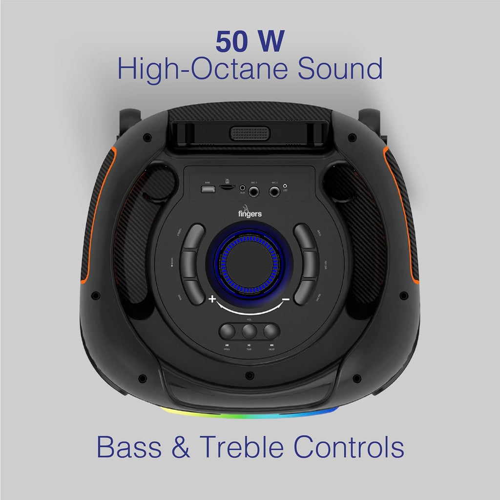 FINGERS RollingParties-51 Bluetooth Trolley Speaker with Powerful 50 W Deep Bass, RGB Lights, 15-Hour, Bundled 2 Wireless Mics & Additional 2 Mics (Rich Black)
