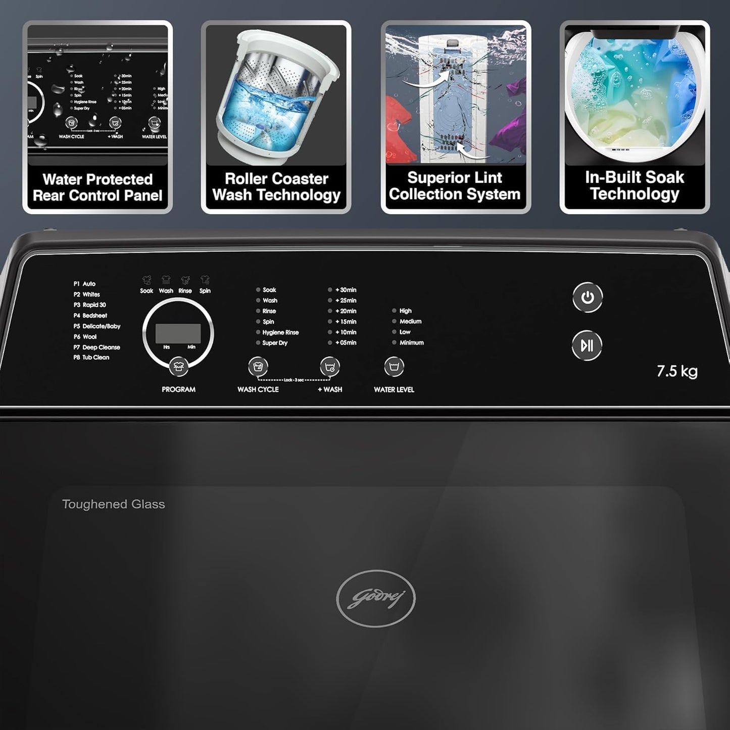 Godrej WTEON VLVT 80 5.0 FDTN MTBK 8 Kg 5 Star Zero Pressure Technology Fully-Automatic Top Load Washing Machine Appliance ( Metallic Black, With 26 Flexi Wash Programs)