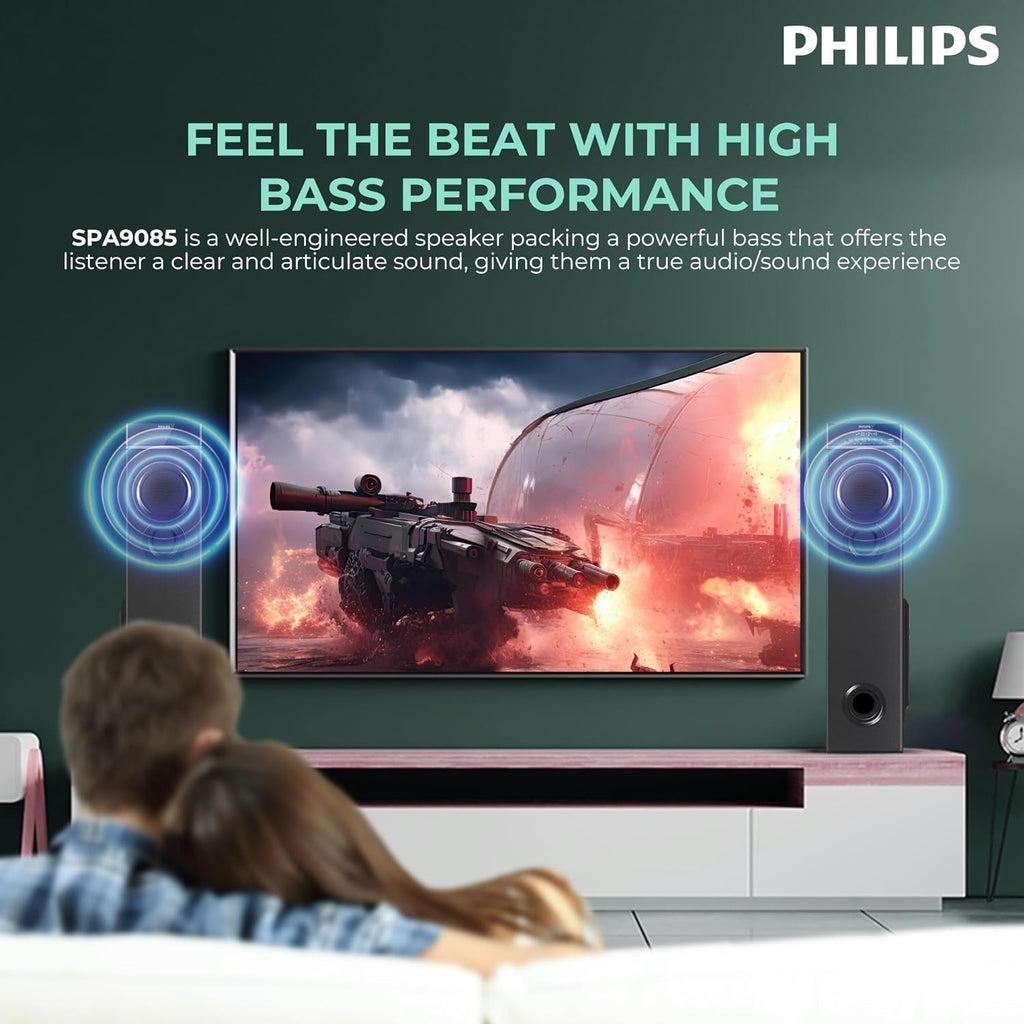 Philips Audio SPA9085 2.0CH 100W Multimedia Tower Speakers with Wireless Microphone,Multi-Connectivity Option with Supporting USB, AUX, FM,Mic & Thumping Bass with Karaoke(Black)