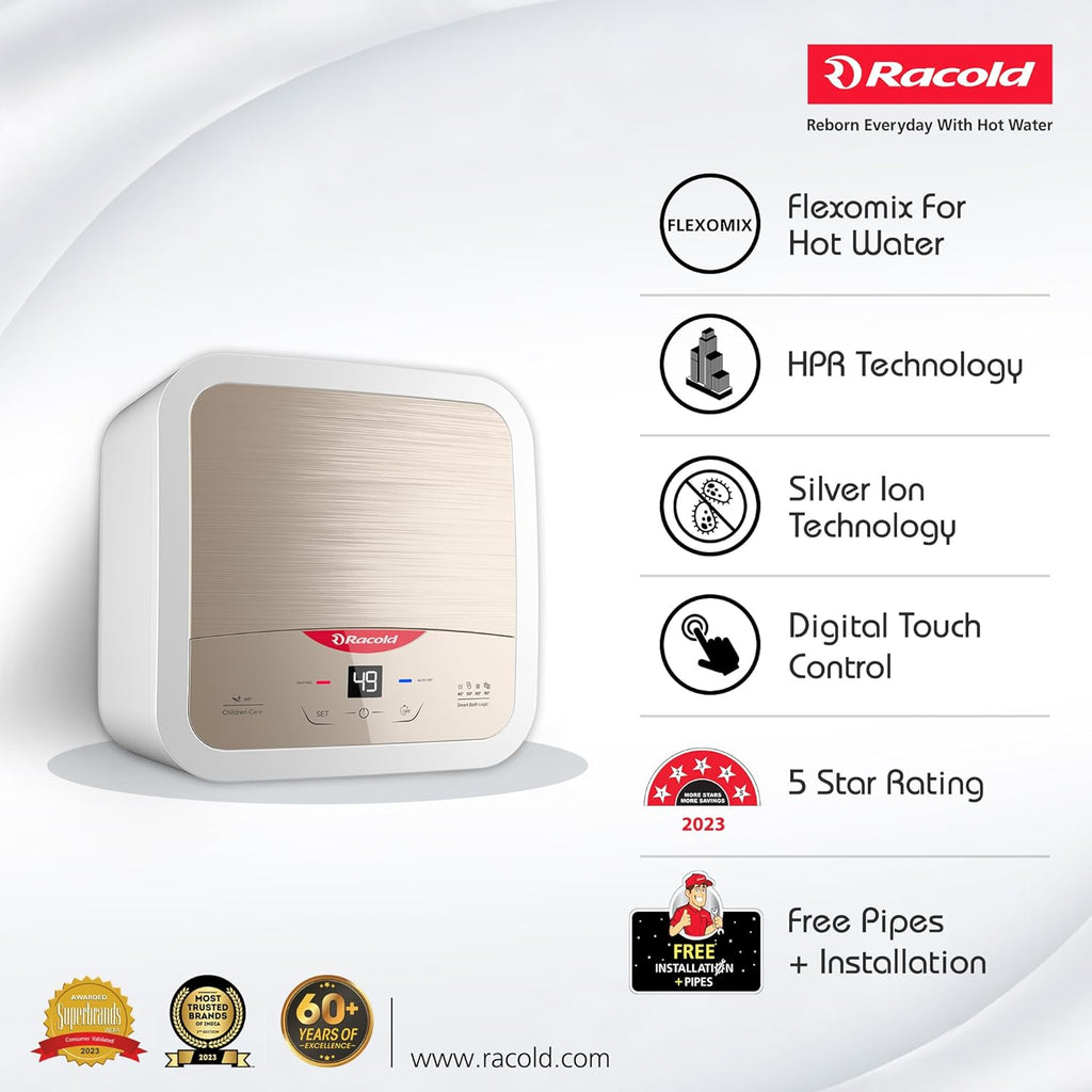 Racold Omnis DG 15L Vertical 5 Star Storage Water Heater (Geyser) Sandstorm Gold | Touch Control | Smart Bath Logic | Silver-Ion Technology | Auto Diagnosis | Free Installation & Pipes | 2kW