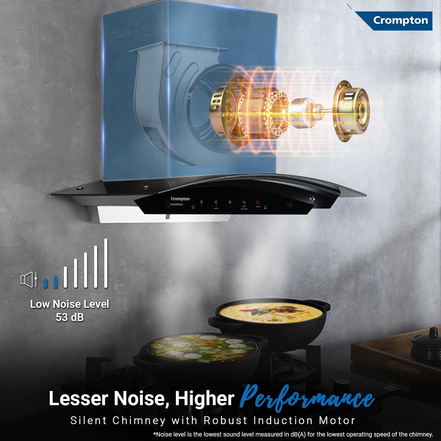 Crompton IntelliMotion CHD-IMC90BFA-MBL 90 cm Chimney IntelliMotion Curved | Thermal Auto Clean | Gesture &amp; Touch Control | Suraj Electronics Delhi NCR
