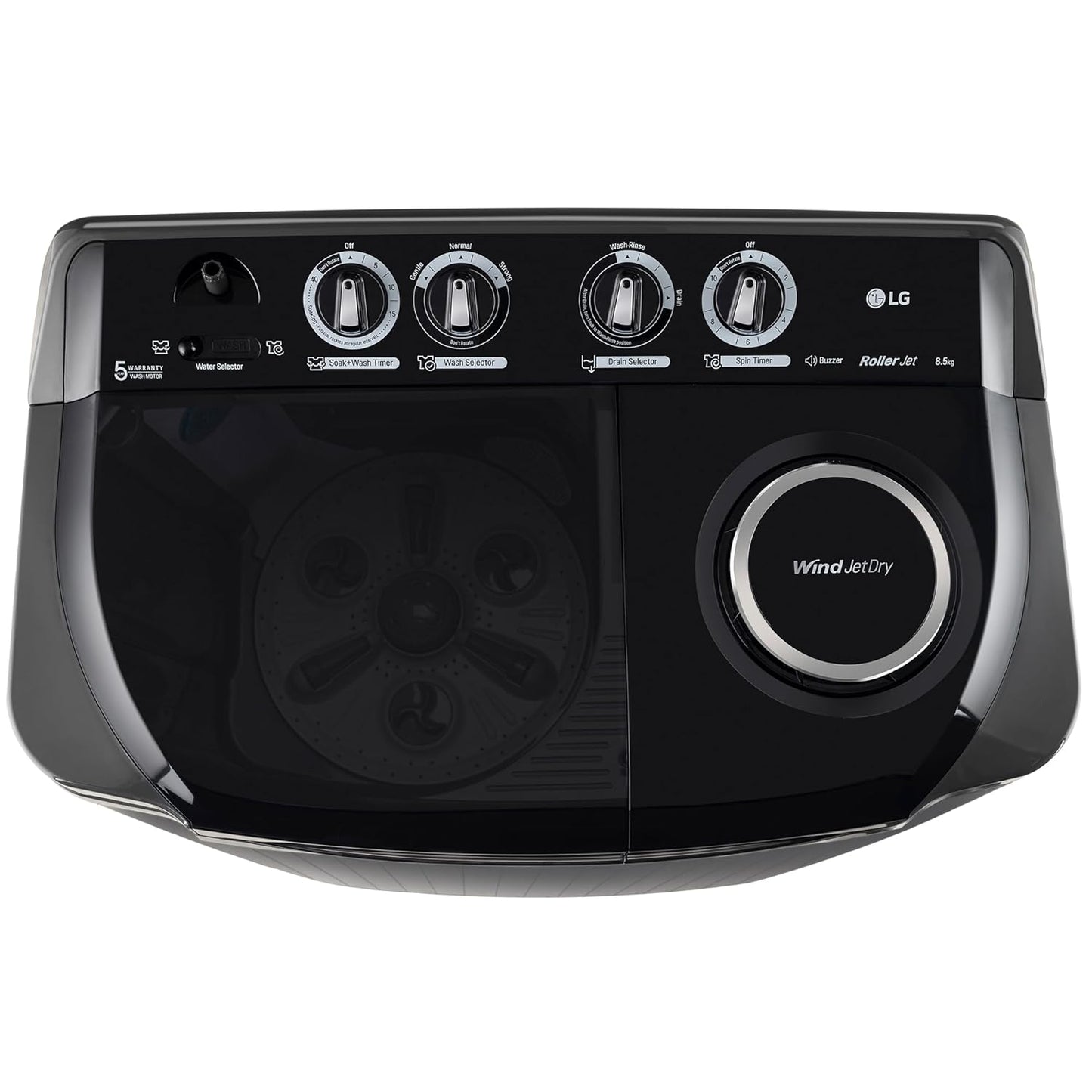 LG P8535SKMZ 8.5 Kg 5 Star Wind Jet Dry Rat Away Technology Semi-Automatic Top Loading Washing Machine ( Roller Jet Pulsator, Collar Scrubber, Middle Black)