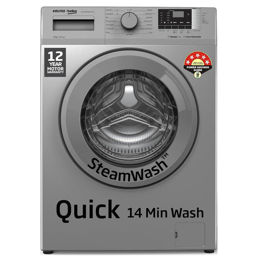 Voltas WFL8012B7JVBKA/GXV 8 Kg 5 Star Inverter Quick wash Fully-Automatic Front Loading Washing Machine (Grey, In buit Heater/Hygiene steam)