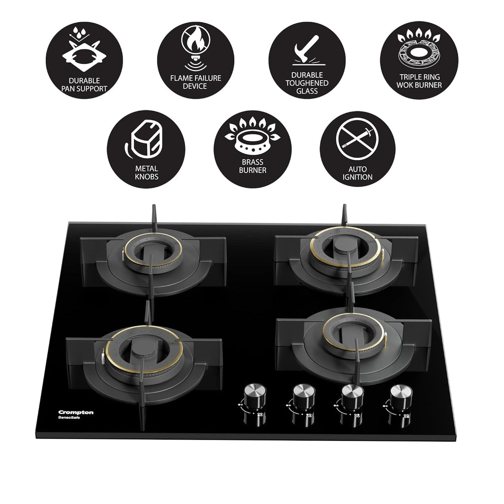 Crompton HOB-SSDC604-MBL SensoSafe 60 cm 4 Burners Built-in Gas Hob With High Efficiency Brass Burners, Auto-Ignition and 8 MM Toughened Glass ( Midnight Black)