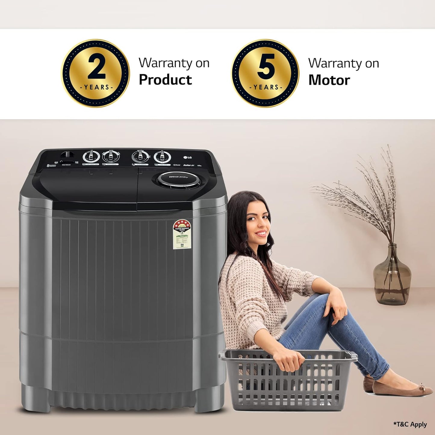 LG P8535SKMZ 8.5 Kg 5 Star Wind Jet Dry Rat Away Technology Semi-Automatic Top Loading Washing Machine ( Roller Jet Pulsator, Collar Scrubber, Middle Black)