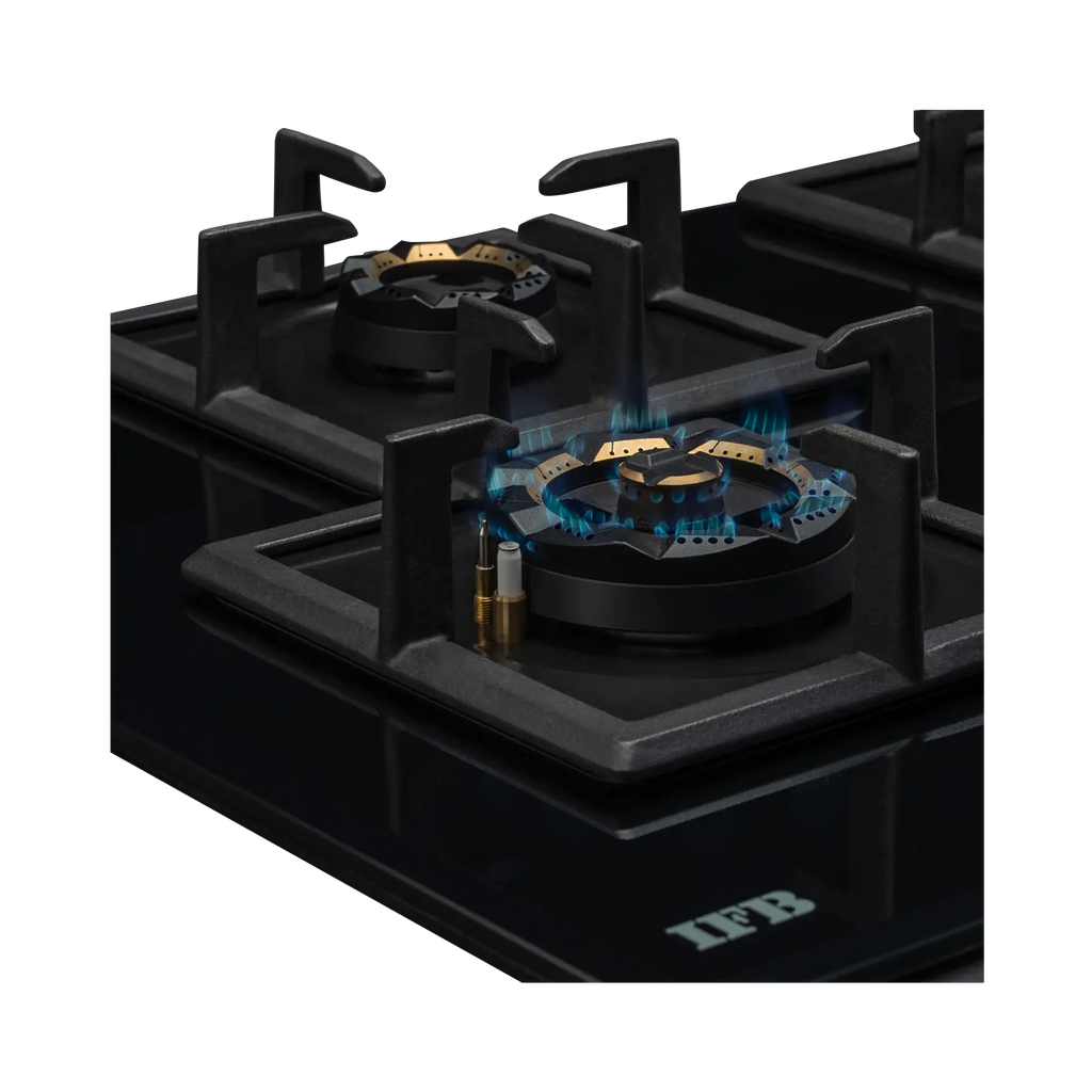 IFB 78-GCI4B-3D FB FFD 4 Burner Built-in Hybrid Hob – 3D Brass Burners, Auto Ignition, Flame Failure Device, Black Glass Top