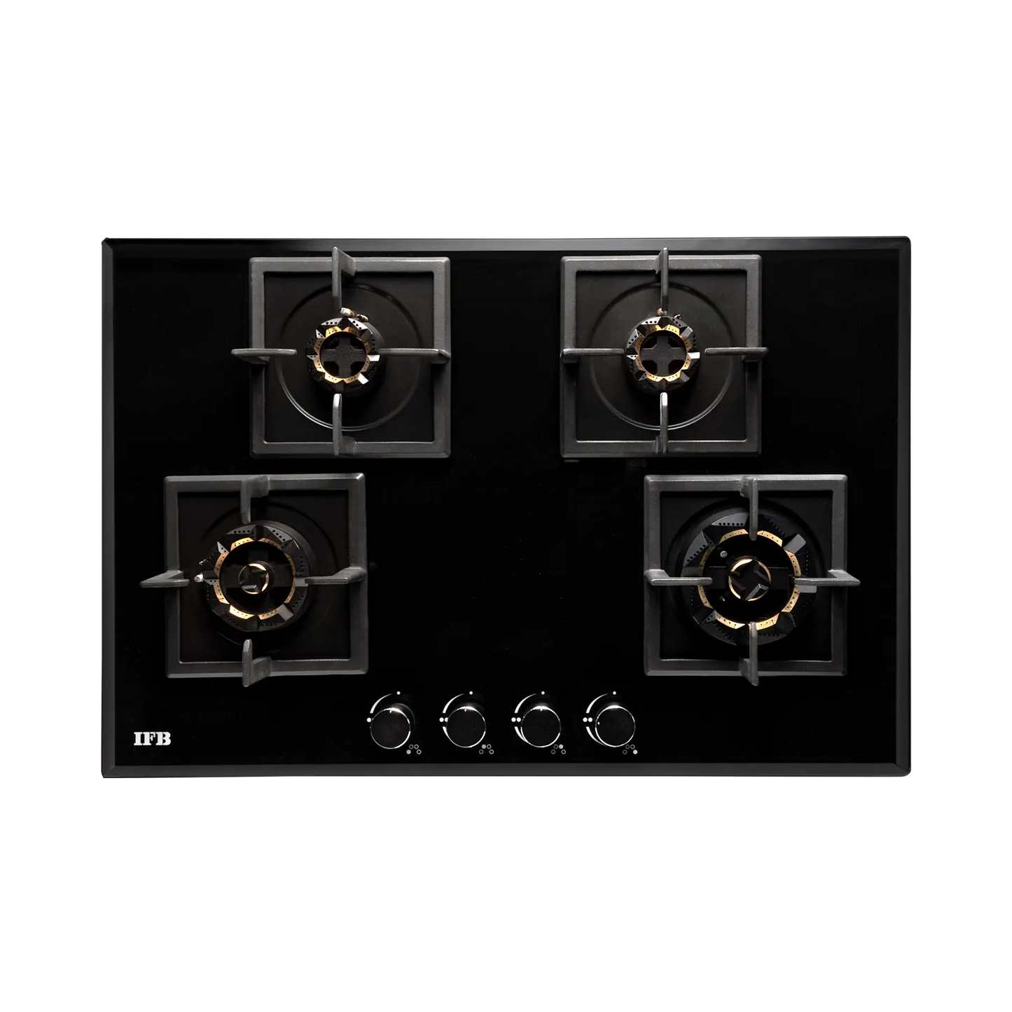IFB 78-GCI4B-3D FB FFD 4 Burner Built-in Hybrid Hob – 3D Brass Burners, Auto Ignition, Flame Failure Device, Black Glass Top