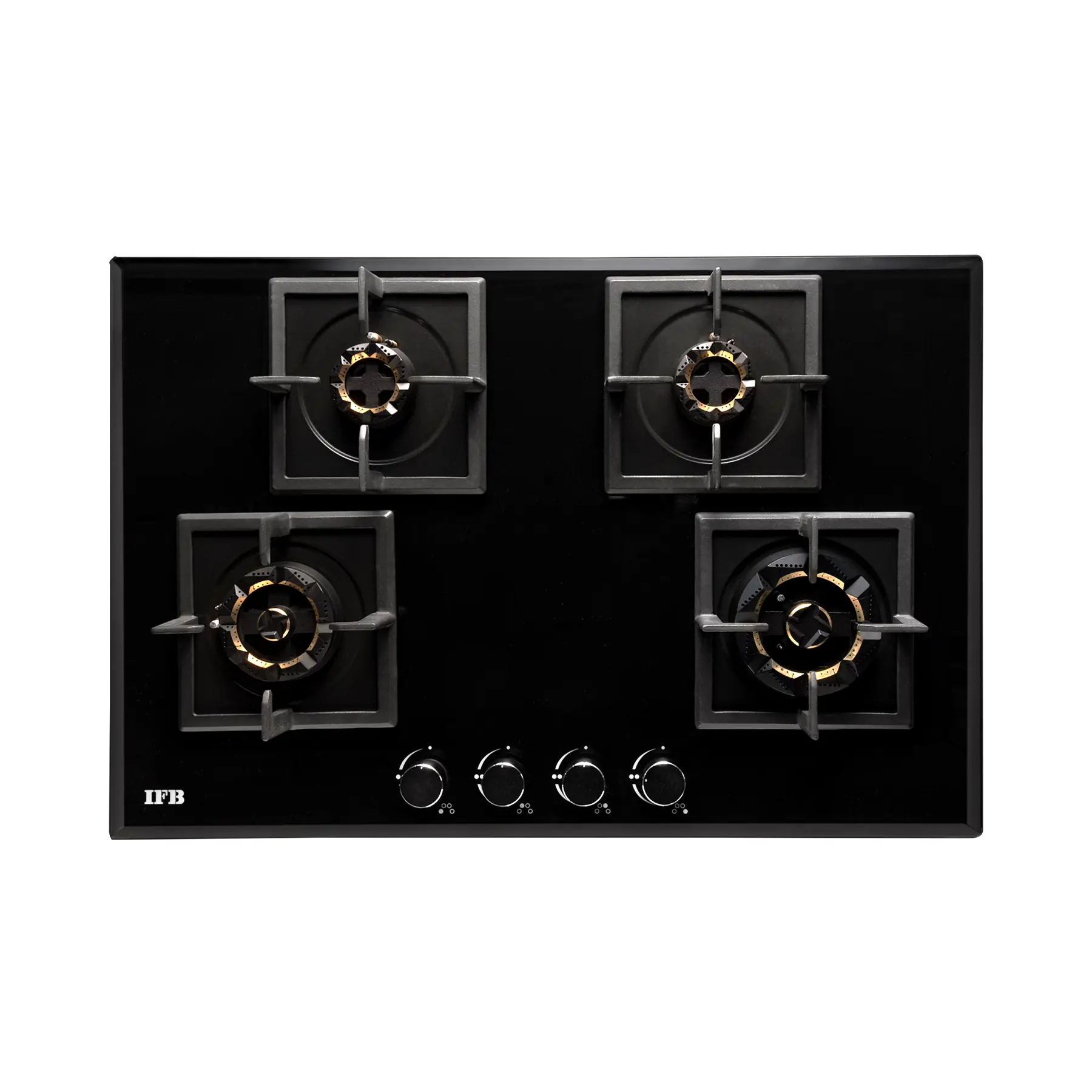 IFB 78-GCI4B-3D FB FFD 4 Burner Built-in Hybrid Hob – 3D Brass Burners, Auto Ignition, Flame Failure Device, Black Glass Top