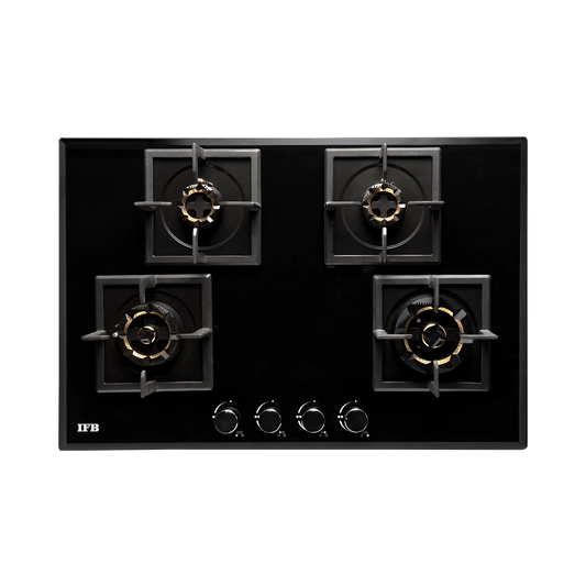 IFB 78-GCI4B-3D FB FFD 4 Burner Built-in Hybrid Hob – 3D Brass Burners, Auto Ignition, Flame Failure Device, Black Glass Top