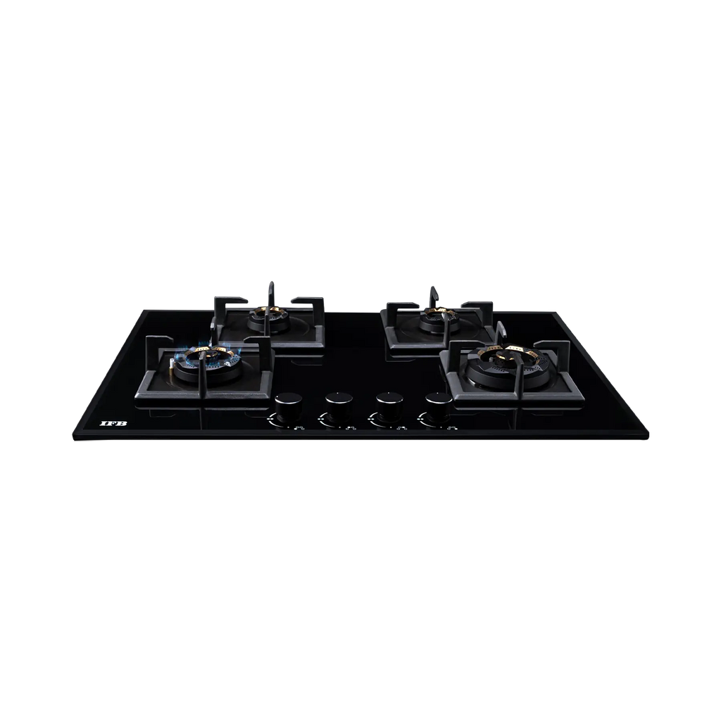 IFB 78-GCI4B-3D FB FFD 4 Burner Built-in Hybrid Hob – 3D Brass Burners, Auto Ignition, Flame Failure Device, Black Glass Top