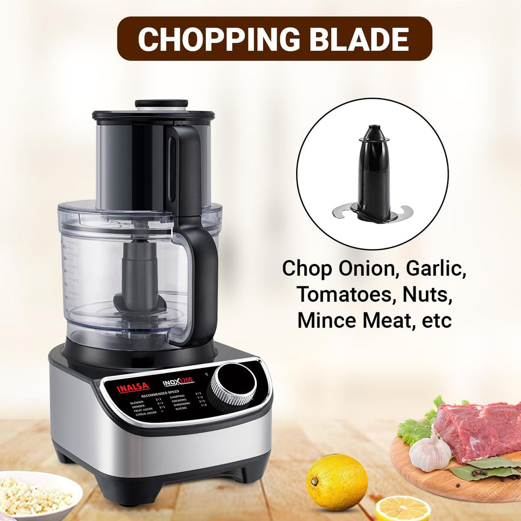 Inalsa INOX 1200W Food Processor with Mixer Grinder & Juicer | 2.5L Bowl, 3 Jars, 12 Attachments, Copper Motor – Black/Silver