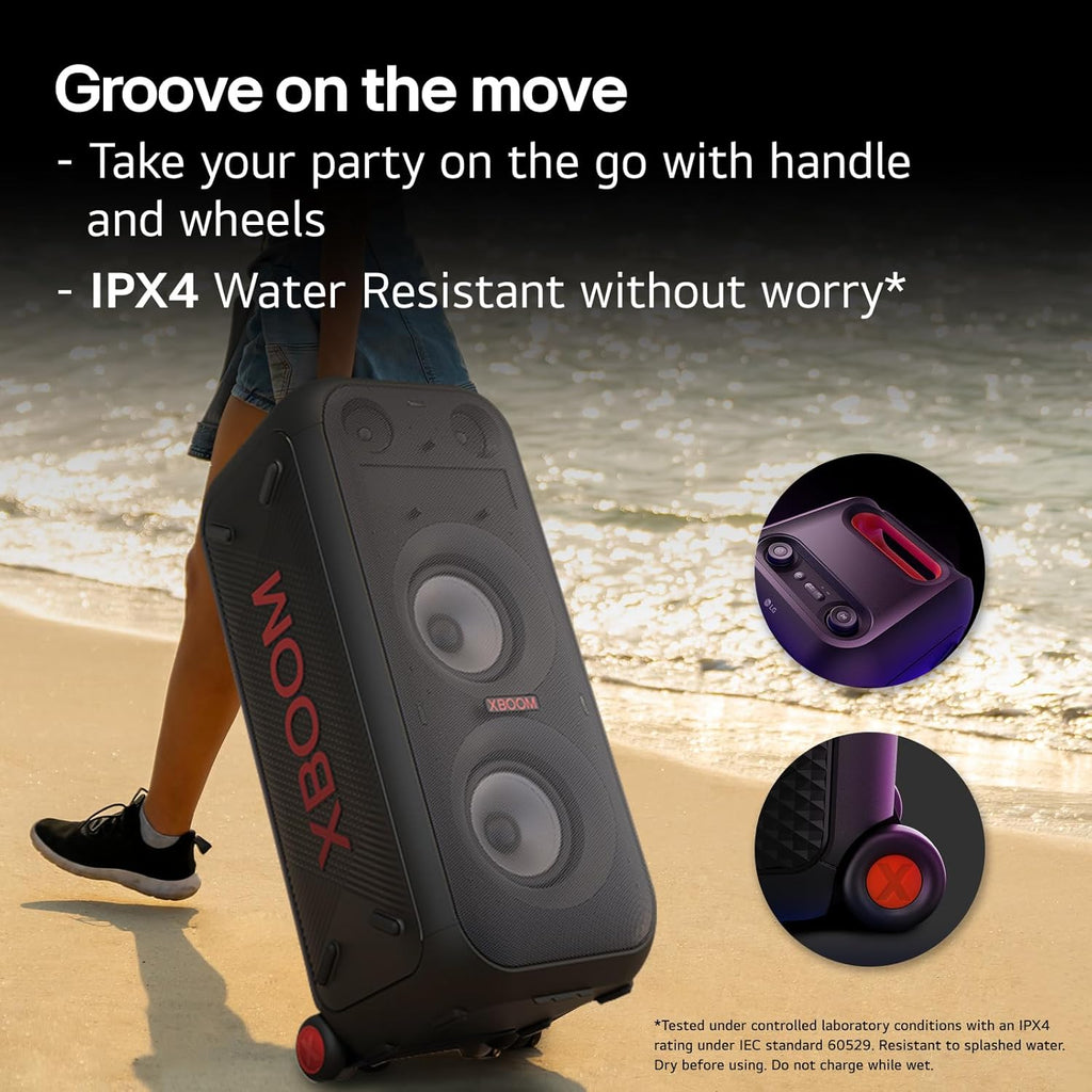 LG XL9T XBOOM 2.0 Ch Portable Bluetooth Party Speaker with Dual 8” Woofers, Pixel LED Lights, DJ & Guitar Input, IPX4 Water Resistance – Black