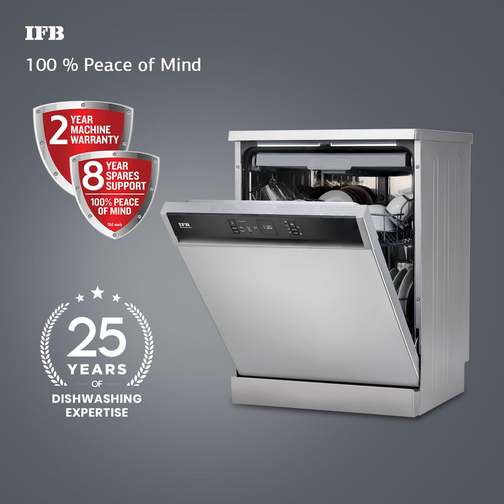 IFB Neptune VX15 15 Place Settings Dishwasher | DeepClean® Technology | 70°C Hot Wash & Steam Dry | Freestanding | Perfect for Indian Utensils – Dark Silver